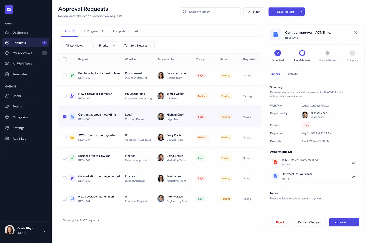 Workflow approval system with requests, status tracking, and review panel